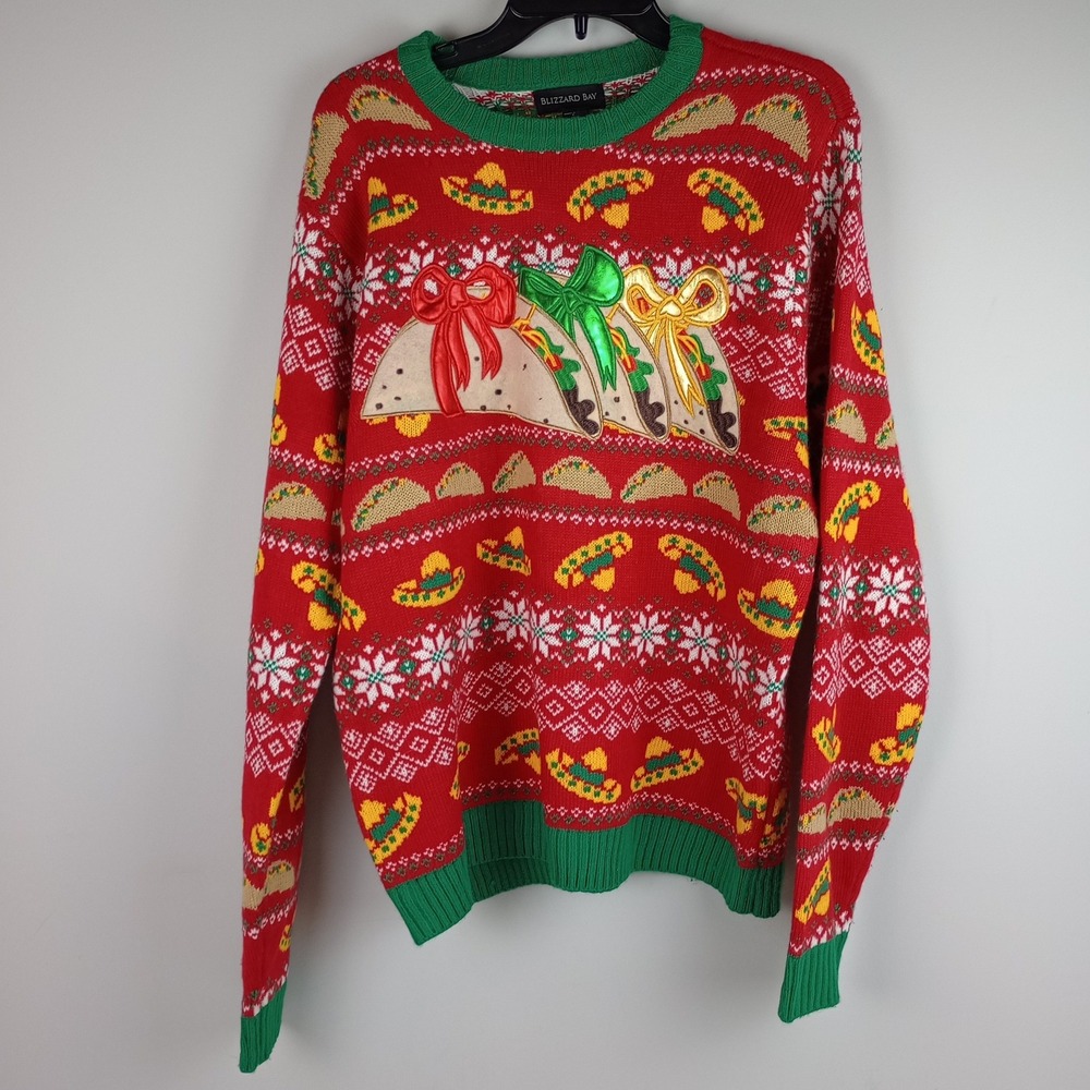 Blizzard Bay Mens L Red Taco Sombrero Festive Funny Ugly Christmas Sweater